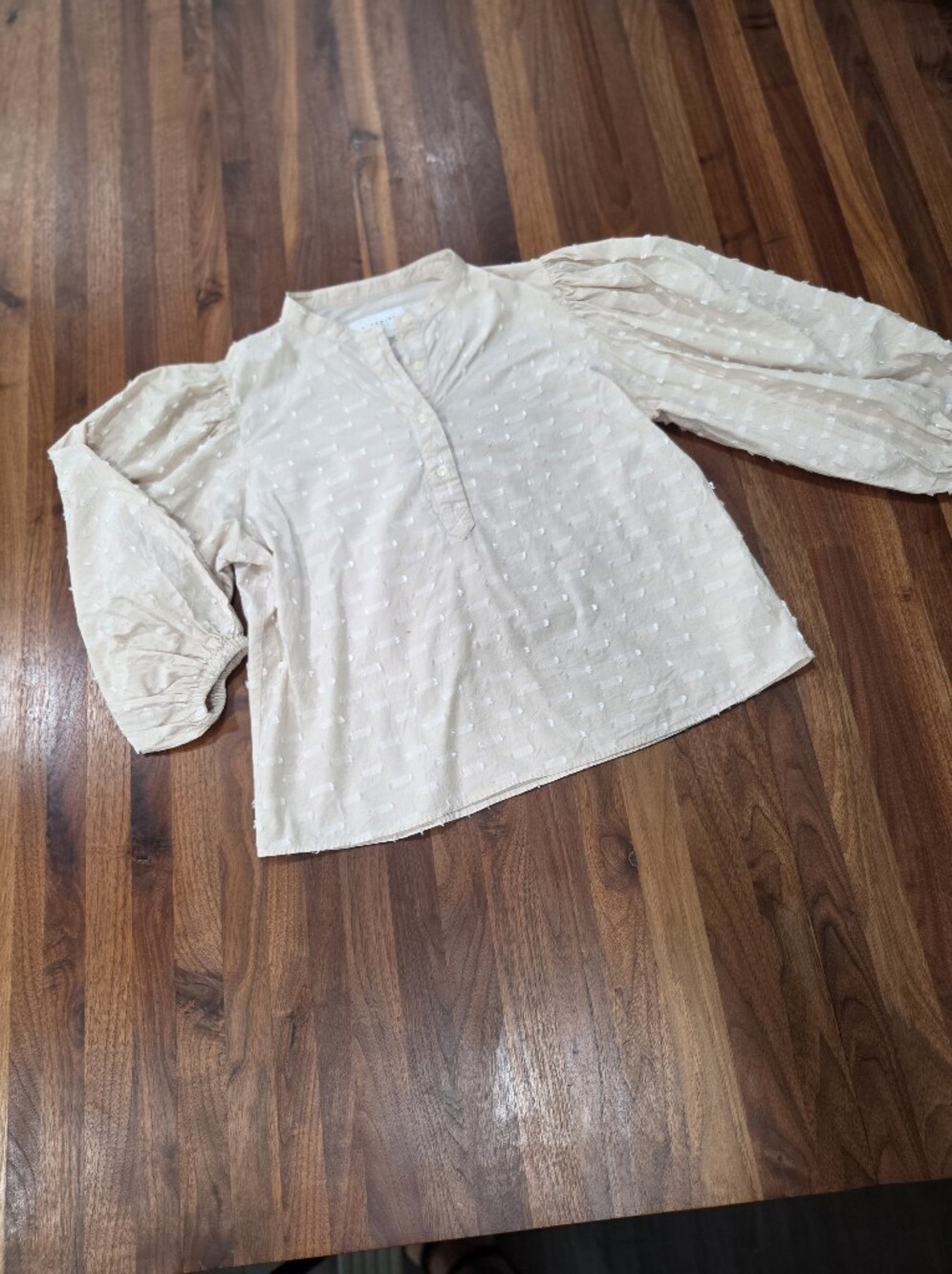 The Shirt Rochelle Behrens The Balloon Sleeve Shirt Textured Clip Dot LG *Flaw*